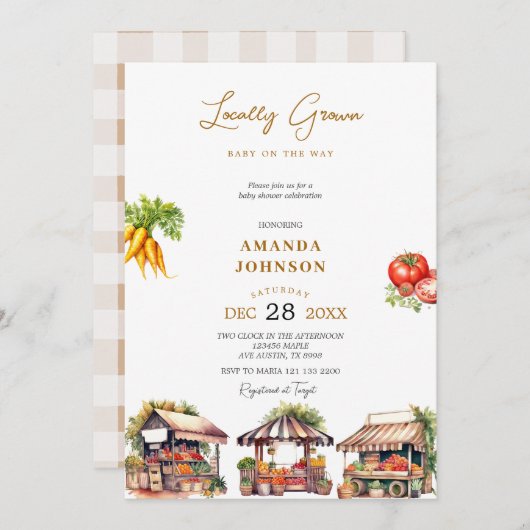 農家市場地元で栽培された野菜ベビーシャワー 招待状 (正面/裏面)