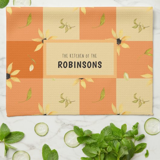 農家素朴オレンジジンガムフローラモノグラムの キッチンタオル (折り畳み)