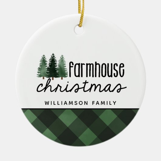 農家素朴クリスマスレッドプレイド写真セラミ セラミックオーナメント (正面)