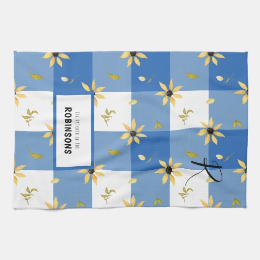農家素朴ブルージンガムフローラモノグラムのー キッチンタオル (横)