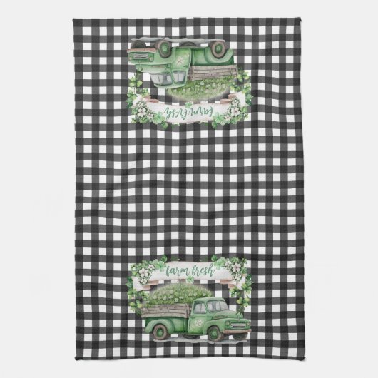 農家 |ヴィンテージグリーントラック |ファームのフレッシュ キッチンタオル (縦)