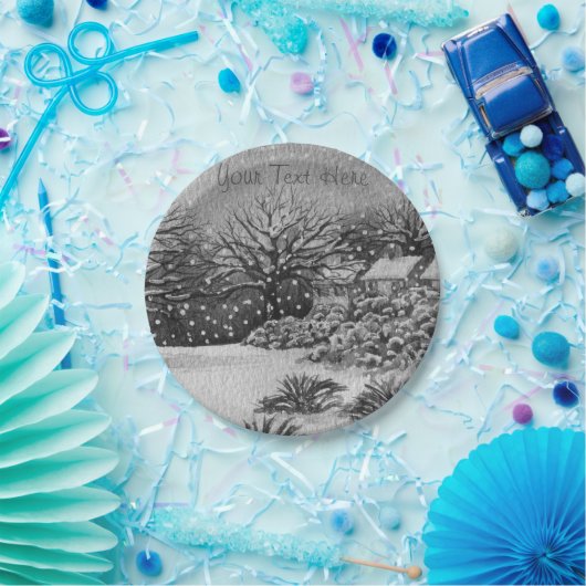 農村のコテージ雪のシーンのクリスマスモノクローム ペーパープレート (パーティー)