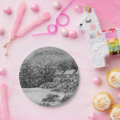 農村のコテージ雪のシーンのクリスマスモノクローム ペーパープレート (パーティー)