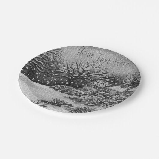 農村のコテージ雪のシーンのクリスマスモノクローム ペーパープレート (アングル)