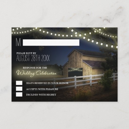 農村のストリングライト付きのウェディングカード 出欠カード (正面)