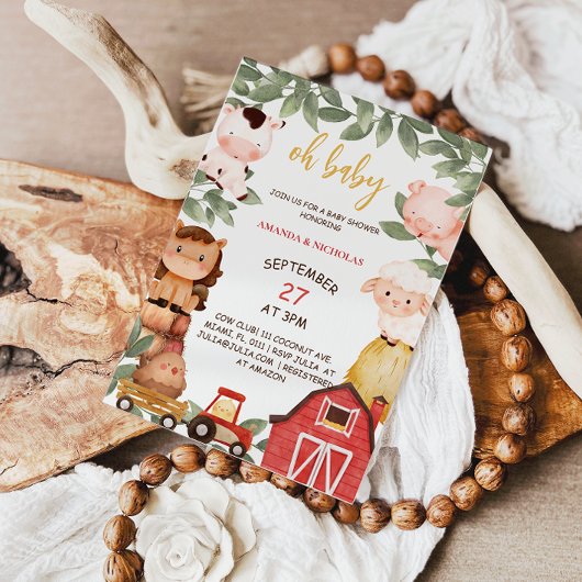 農村の動物たち おしゃれなベイビーシャワー ラスティック 招待状