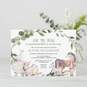 農村の動物たち 緑の葉の男の子 ベビーシャワー 招待状 (スタンド正面)