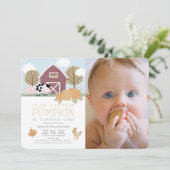 農村の動物とカボチャ畑の1歳誕生日写真 招待状 (スタンド正面)