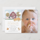 農村の動物とカボチャ畑の1歳誕生日写真 招待状 (正面)