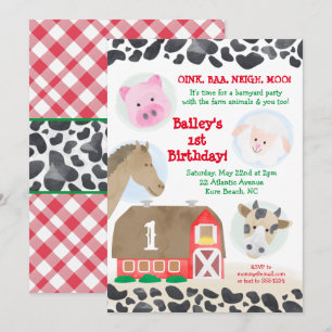 農村の動物 ギンガム 牛柄 誕生日 招待状