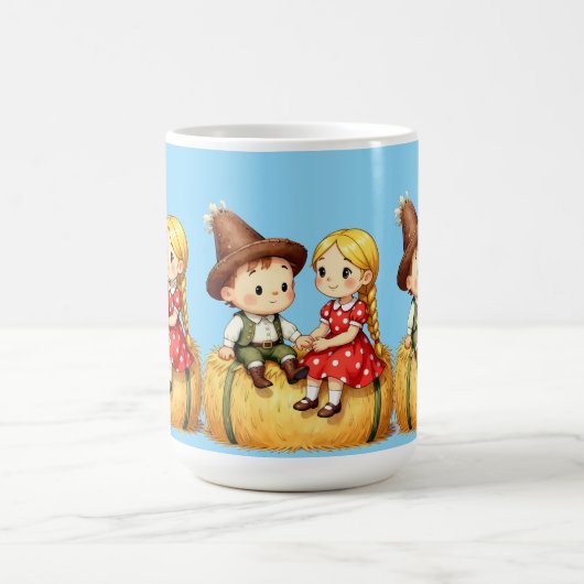 農村の子供たちと干し草の山 コーヒーマグカップ (中央)