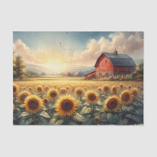 農村の納屋とひまわりの水彩デコパージュ 薄葉紙 (正面)