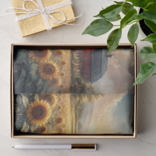 農村の納屋とひまわりの水彩デコパージュ 薄葉紙 (ギフト)