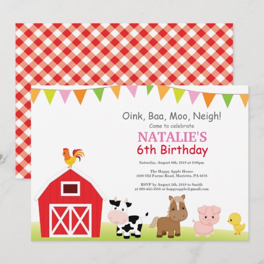 農村の誕生日パーティー招待状 国産動物のいる納屋パーティー 招待状 (正面/裏面)