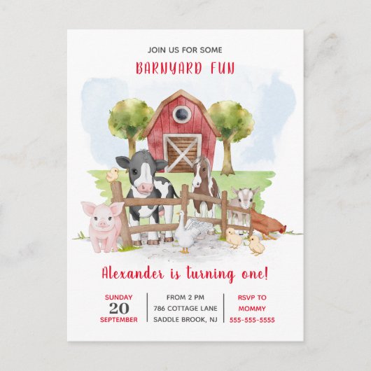 農村の赤ちゃん 1 歳の誕生日招待状 ポストカード (正面)