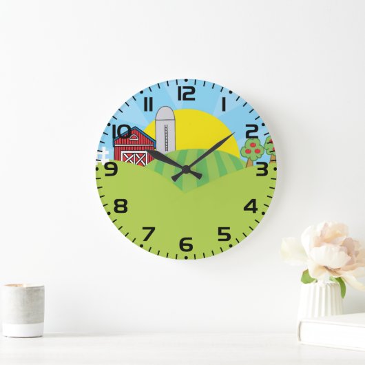農村の風景 赤い納屋 サイロ りんごの木 ラージ壁時計 (ホーム)