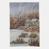 農村コテージズスノウシーンシーズンアートデザイン キッチンタオル (縦)