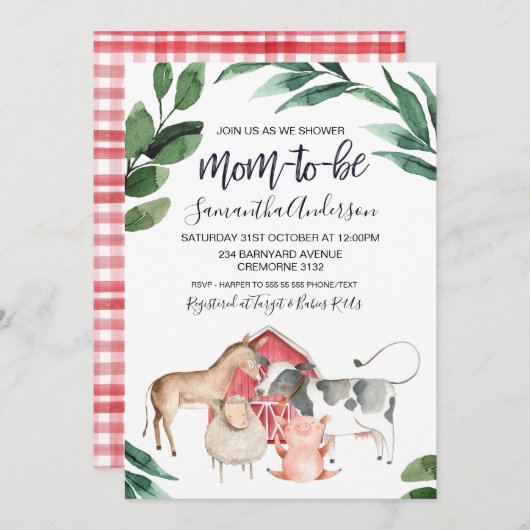 農村風の牧場の動物の赤ちゃんシャワー招待状 招待状 (正面/裏面)
