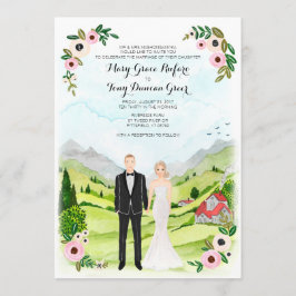 農村風ウェディングのカップルイラスト 招待状