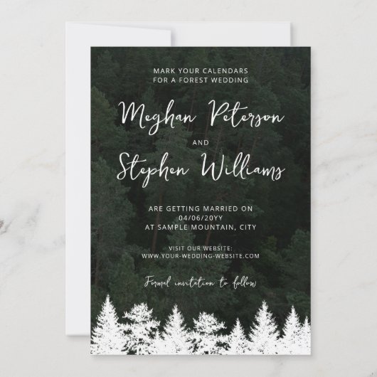 農村風写真テンプレートと松の木の形の結婚式 セーブザデート (裏面)