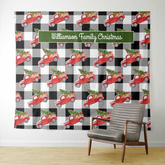 農村風 黒チェックのクリスマストラック フォトブース タペストリー (インサイチュ(横))