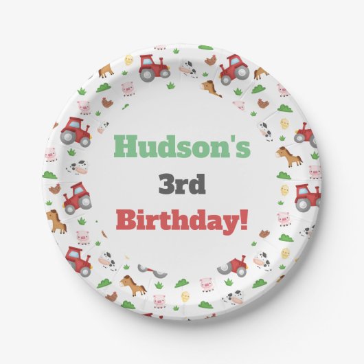 農業動物かわいい小さな男の子の誕生日パーティー ペーパープレート (正面)