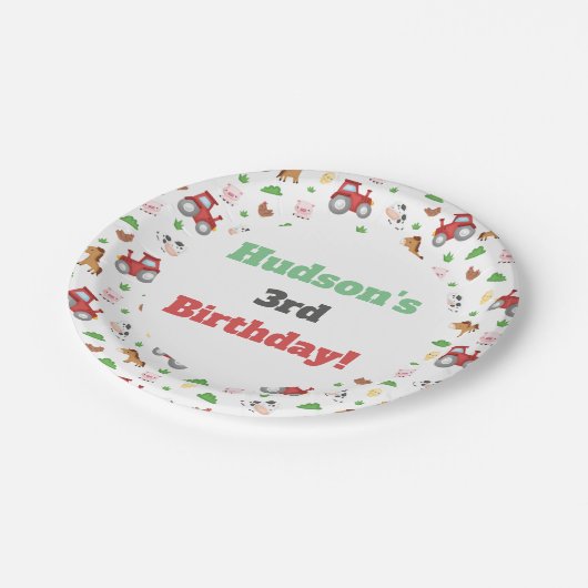農業動物かわいい小さな男の子の誕生日パーティー ペーパープレート (アングル)
