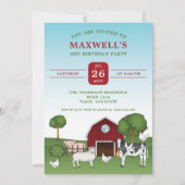 農業動物と赤い納屋の田舎の誕生日 招待状 (正面)