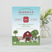 農業動物と赤い納屋の田舎の誕生日 招待状 (スタンド正面)