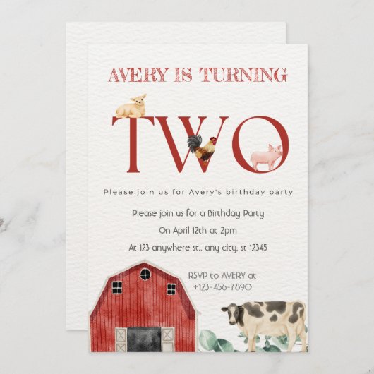 農業動物の二番目の誕生日パーティーへの招待 招待状 (正面/裏面)