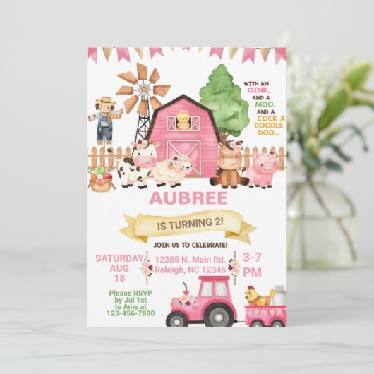 農業動物の女の子ANY AGE誕生日の招待。 招待状 (スタンド正面)