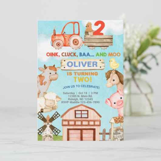 農業動物の少年の2番目の誕生日の招待。 招待状 (スタンド正面)