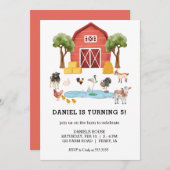 農業動物の水の色の子供の誕生日パーティー 招待状 (正面/裏面)