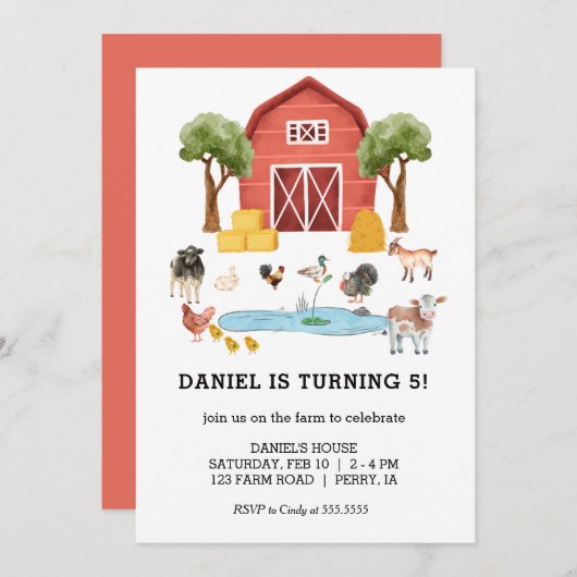 農業動物の水の色の子供の誕生日パーティー 招待状 (正面/裏面)