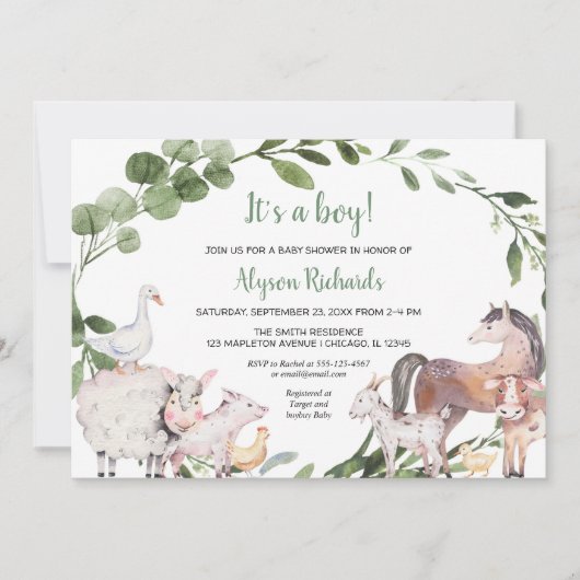 農業動物の水の色の緑の少年の赤ちゃんシャワー 招待状 (正面)