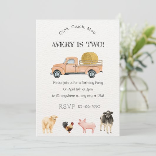 農業動物の水彩誕生日パーティーへの招待 招待状 (スタンド正面)