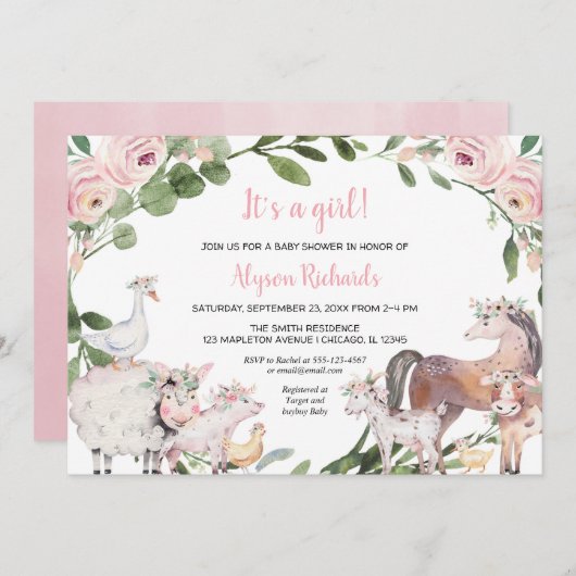 農業動物の水色のフローラ女の子の赤ちゃんシャワー 招待状 (正面/裏面)