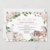 農業動物の水色納屋周囲の庭女の子の誕生日 招待状 (正面)