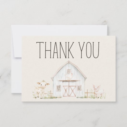 農業動物の牧草地の友人ベビーシャワー サンキューカード (正面)
