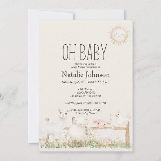 農業動物の牧草地の友人ベビーシャワー 招待状 (正面)