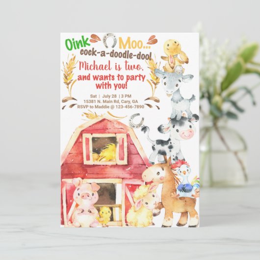 農業動物の男の子の誕生日の招待。 招待状 (スタンド正面)