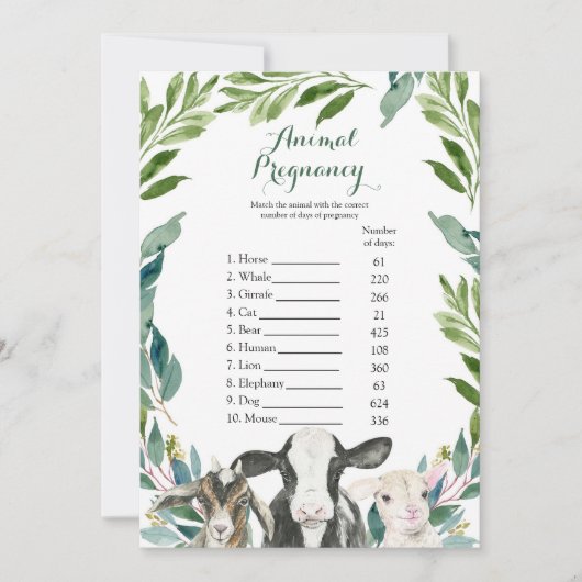 農業動物の緑の少年の動物妊娠ゲーム 招待状 (正面)