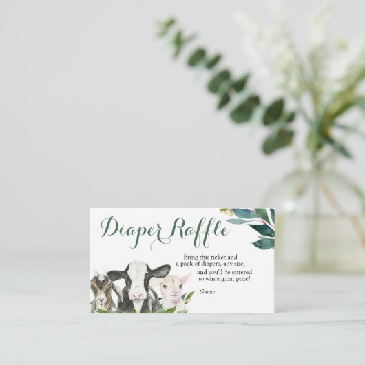 農業動物の緑の男の子の赤ちゃんシャワーおむつラッフル エンクロージャーカード (スタンド正面)