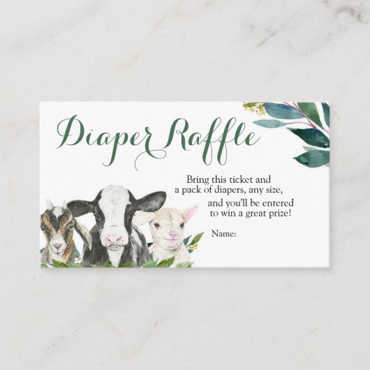 農業動物の緑の男の子の赤ちゃんシャワーおむつラッフル エンクロージャーカード (正面)