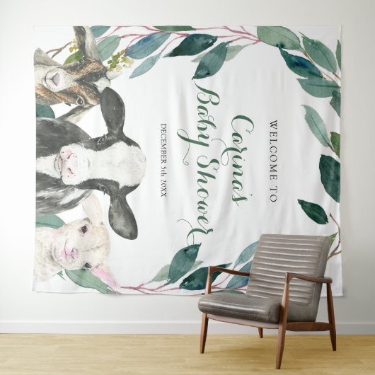 農業動物の緑の男の子の赤ちゃんシャワーサインのタペストリー タペストリー (インサイチュ(横))