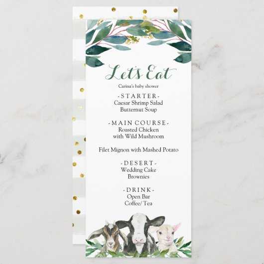 農業動物の緑の男の子の赤ちゃんシャワーメニュー メニュー (正面/裏面)