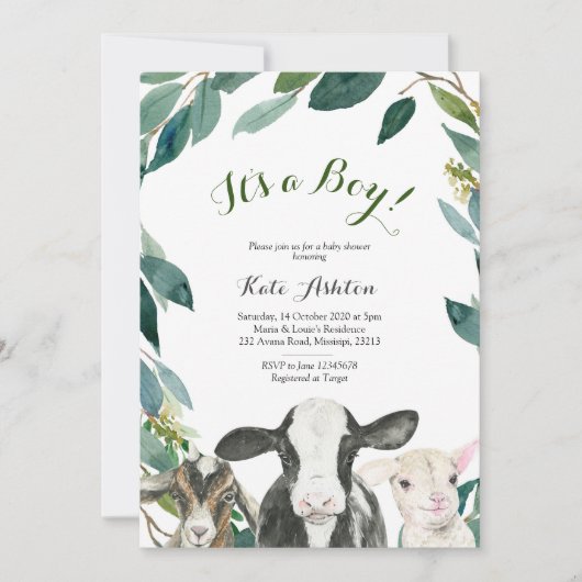 農業動物の緑の男の子ベビーシャワー招待状 招待状 (正面)