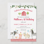 農業動物の緑1歳の誕生日 招待状 (正面)