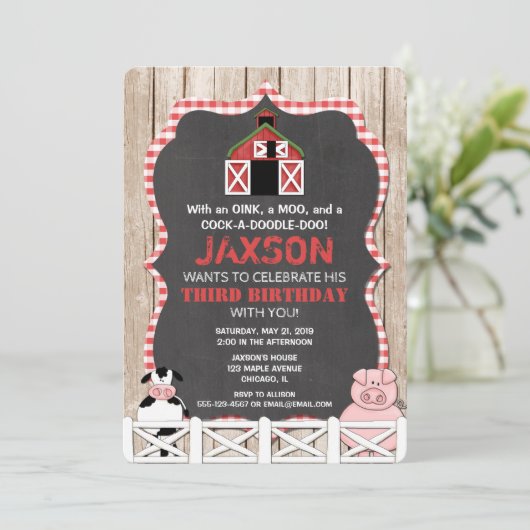 農業動物の誕生日の招待ボーイレッドブラック 招待状 (スタンド正面)