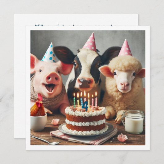 農業動物の誕生日の招待，納屋周囲の庭の日 招待状 (正面/裏面)